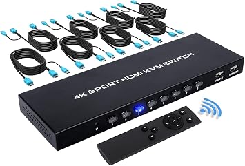 TCNEWCL 8 ميناء KVM التبديل HDMI، 4 K @ 30 هرتز 8 في 1 خارج HDMI KVM التبديل ل 8 PC تقاسم 1 HD مراقب و 4 أجهزة USB مع الأشعة تحت الحمراء عن بعد و 8 كابلات HDMI