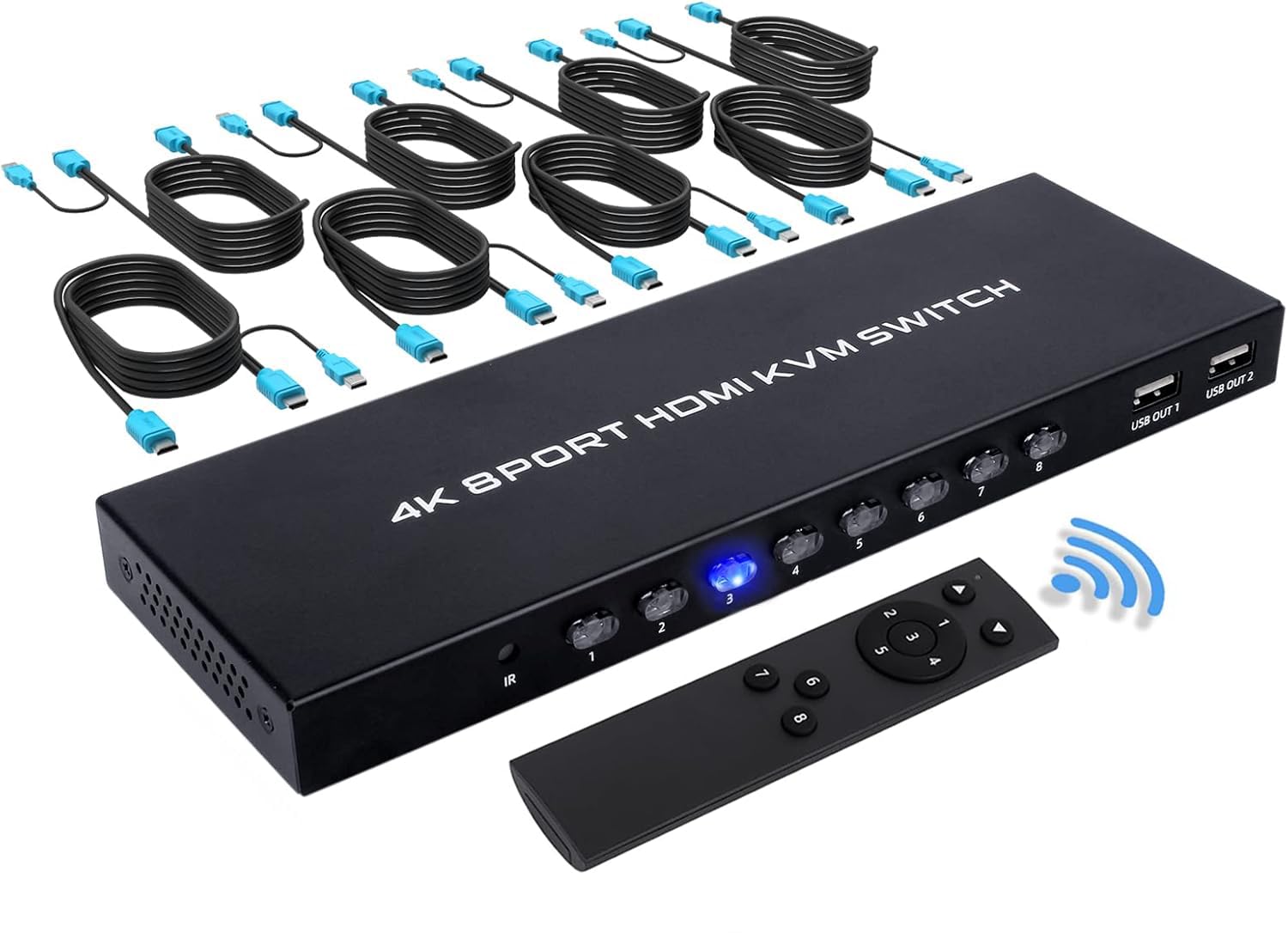 HDMI KVM Switch 4K@30Hz, 8 Port USB HDMI Switches, 8 in 1 Out KVM with IR Remote and 8 KVM Cables