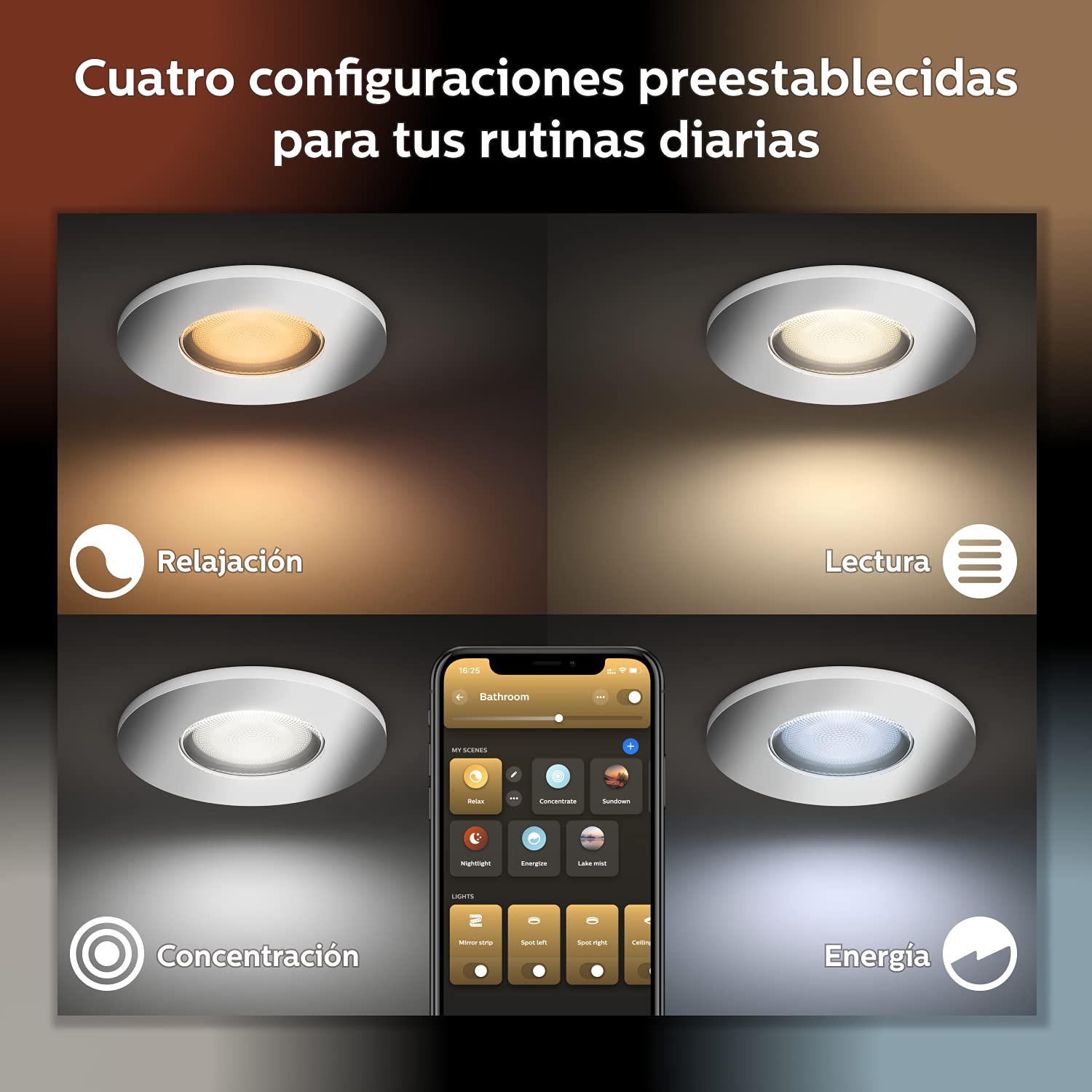 Philips Hue - Set de 3 Focos inteligentes empotrables Hue Xamento, 7W Luz Blanca y de colores, Bluetooth, Compatible con Alexa y Google Home, color cromo