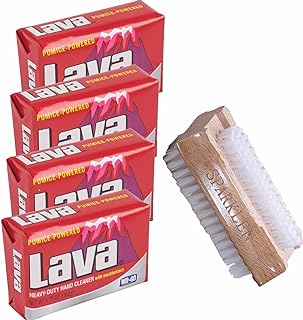 Lava Heavy-Duty Pumice Hand Cleaner soap with Moisturizers, 4-bars [5.75 OZ each] with a Compatible Wooden Nail Brush