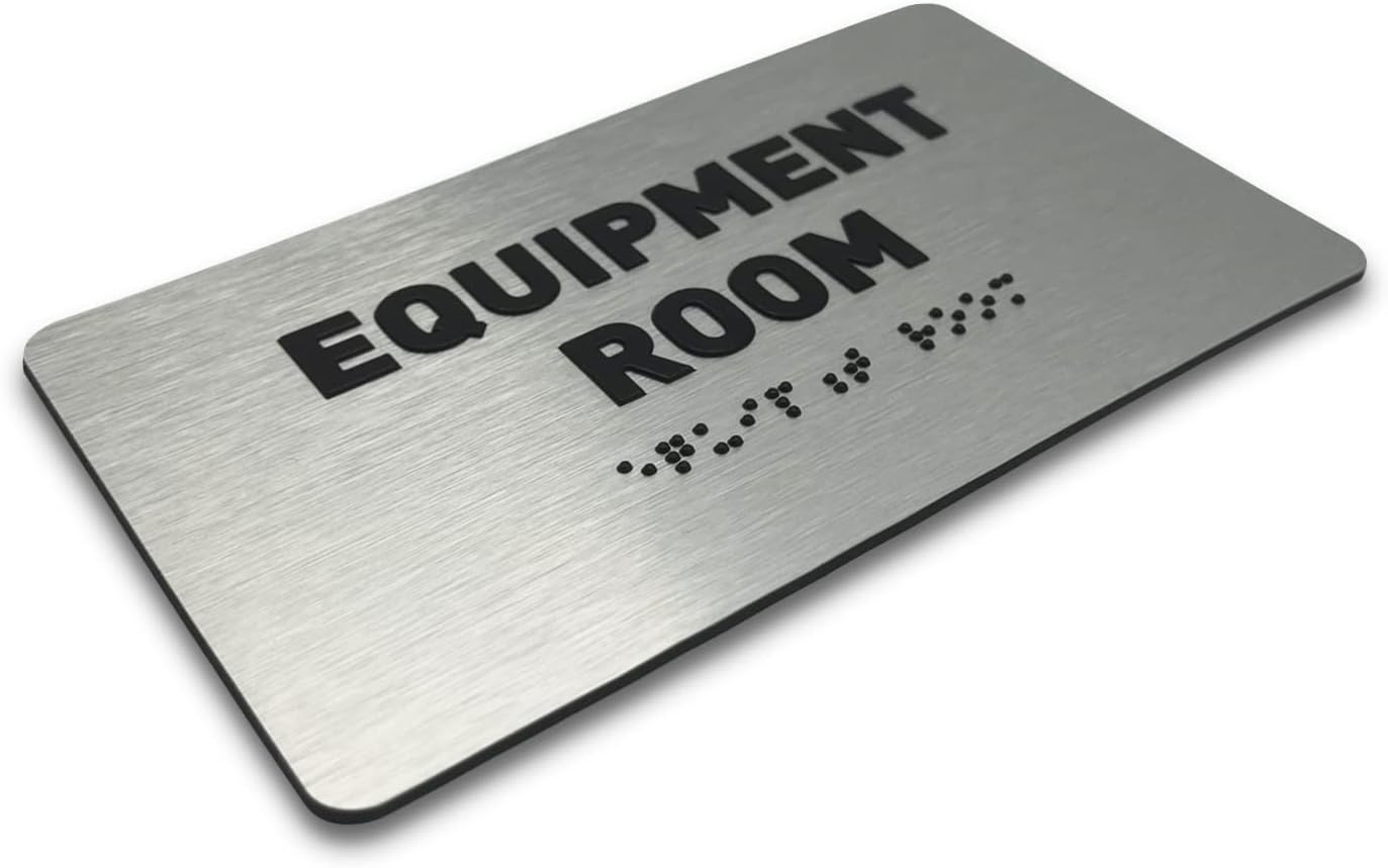 Equipment Room Sign by GDS - ADA Compliant, Raised Icons & Grade 2 Braille - With Adhesive Strips for Easy Installation - Signs for Offices, Businesses - 7" W x 4" H (Brushed Aluminum) - Made in USA
