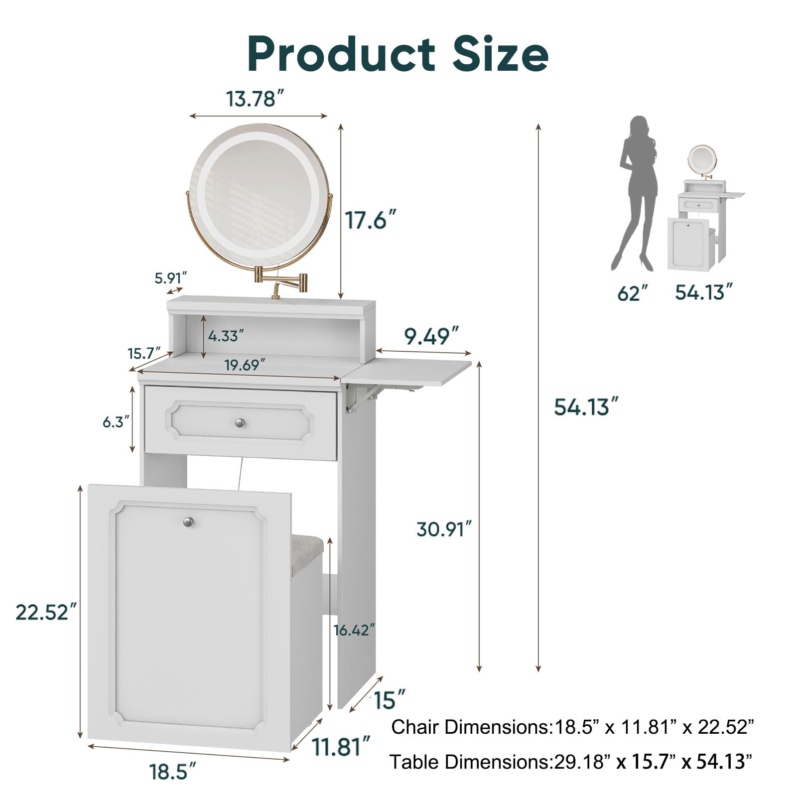 Morwdxef Vanity Desk with Mirror and Lights,Compact Makeup Vanity Desk with Lights and Rotatable Round Mirror, Cushion Chair with Storage,Fold-up Desktop,Dressing Table for Bedroom
