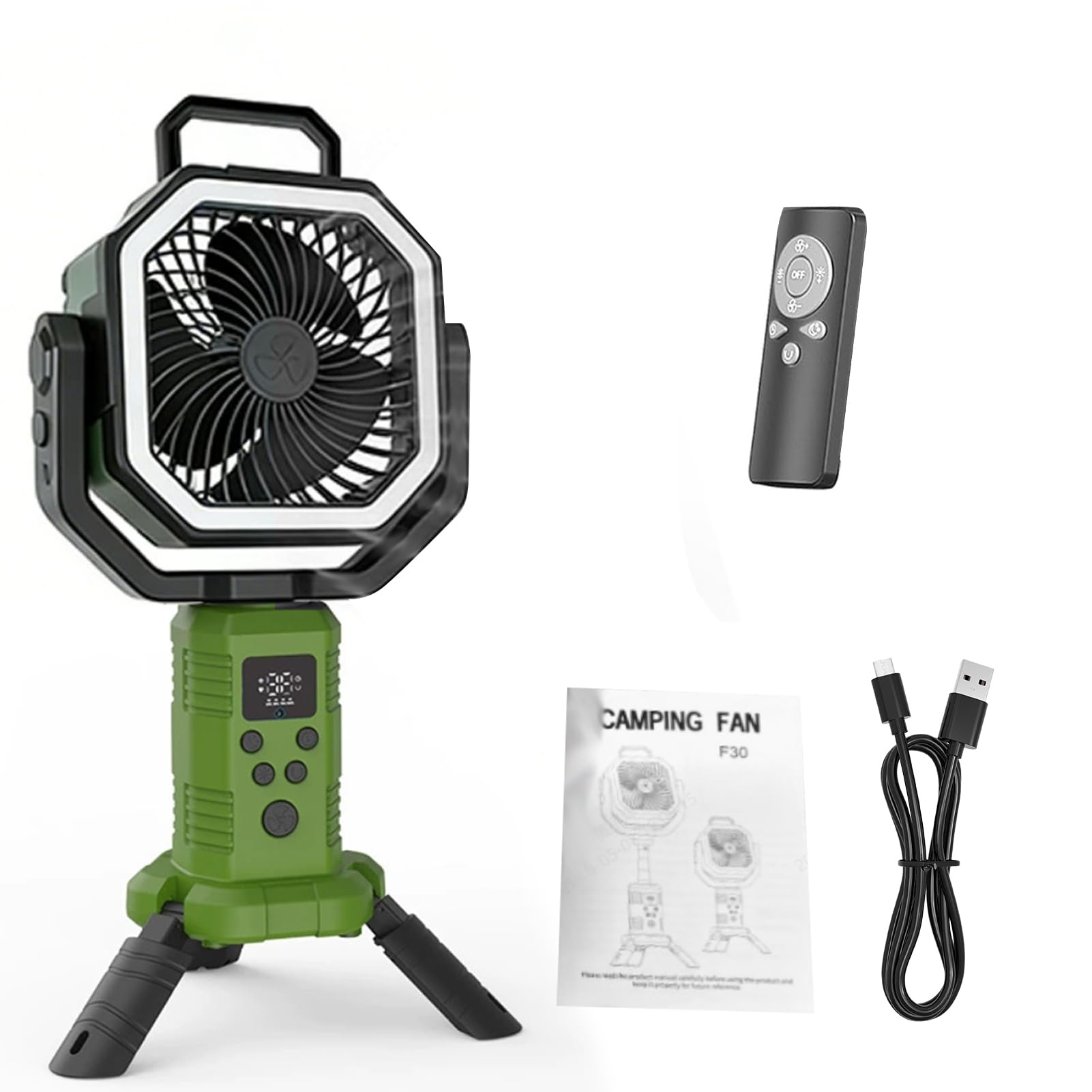 Ventilador de camping 20000 mAh recargable por USB con luz LED y tres velocidades