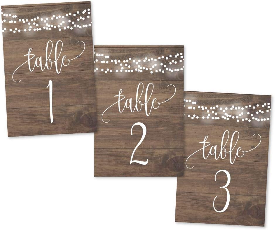 Hadley Designs 1-25 Rustic Wood Lights Table Number Double Sided Signs For Wedding Reception, Restaurant, Birthday Party Calligraphy Printed Numbered Card Centerpiece Reusable Frame Stand 4x6 Size