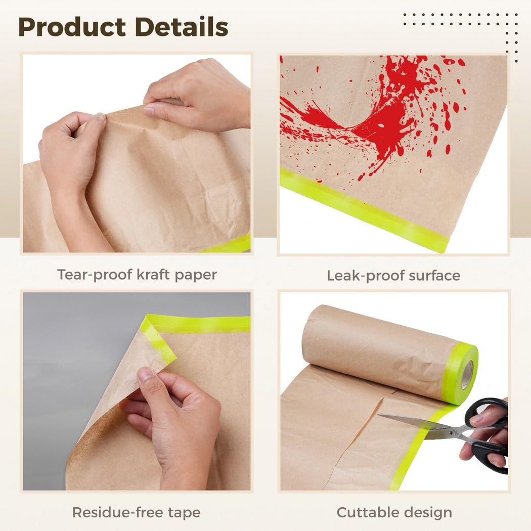 Abdeckpapier, 4 Rollen, 3,6 x 15,2 m, vorgeklebter Bodenschutz zum Lackieren