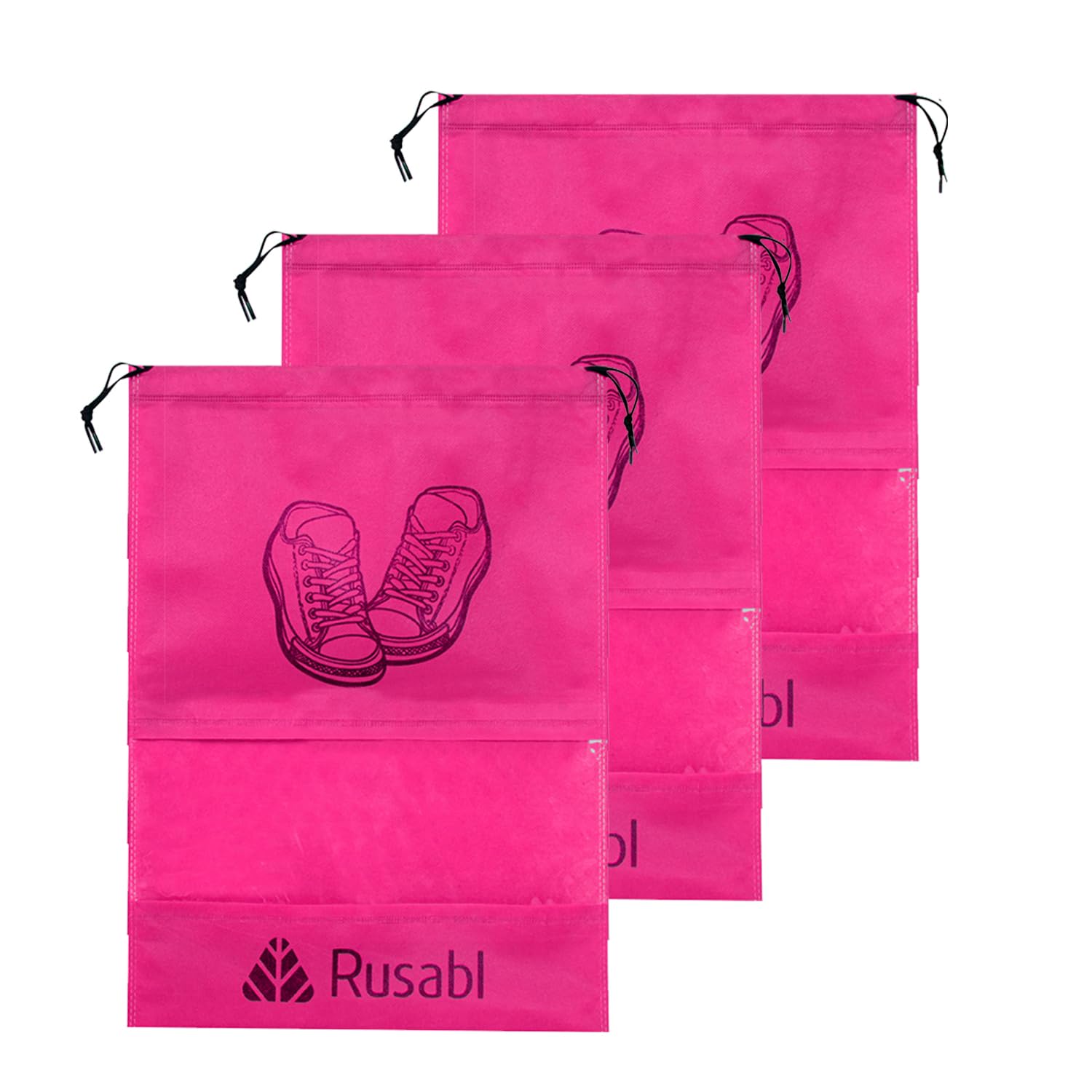 RusablShoe Bag for Travel (Pack of 3, Pink) Non Woven, See Through Window, Drawstring Closure, Travel Organiser Pouch for Women & Men Sports Shoes, Sandals, Slippers, Footwear Cover for Travelling