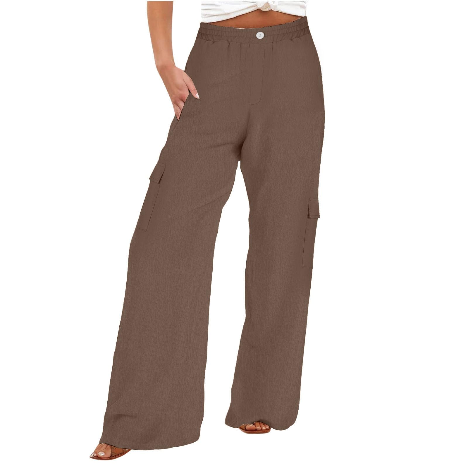 Lastesso Pants for Women Button High Waisted Wide Leg Trousers with Pockets Soft Lounge Cargo Trousers Casual Outwear