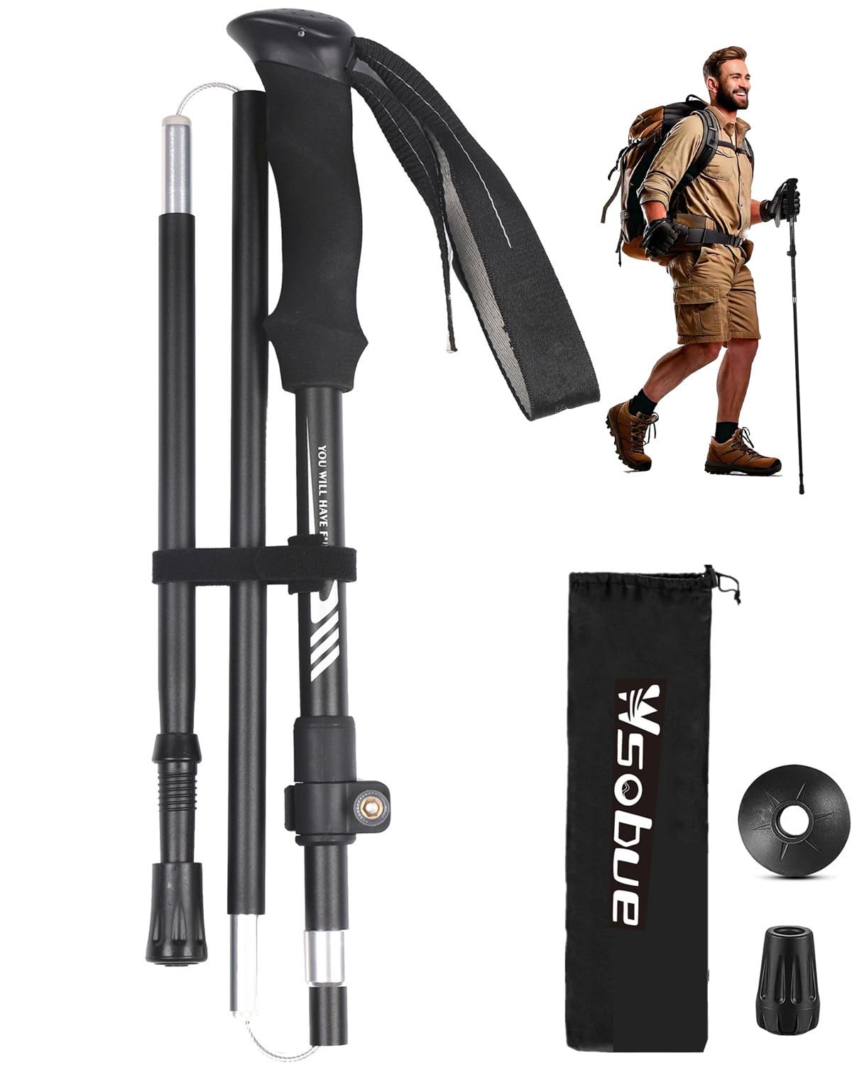 Wsobue Faltbarer Wanderstock (Schwarz)