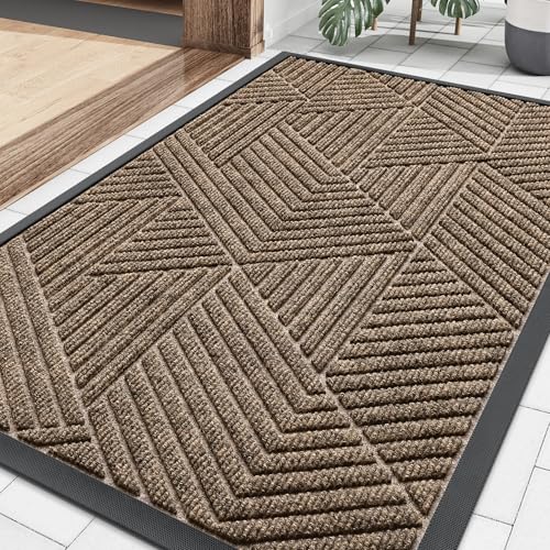 Image of Smiry Front Door Mat Outside Entrance, Heavy Duty Sturdy Natural Rubber Doormat, Trap Dirt and Moisture, Easy Clean Low Profile Mats for Indoor Outdoor Entry, Irregular Triangle (29.5x17, Taupe)