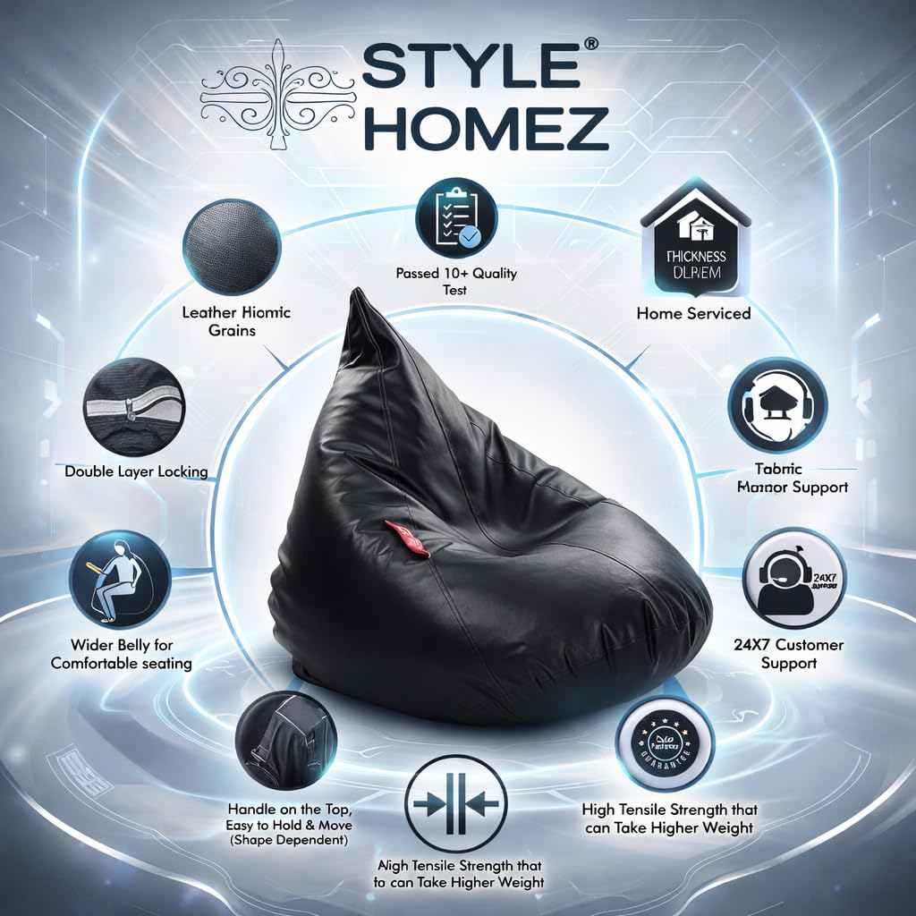 Style Homez Humbug, Premium Leatherette Fabric Lounger XL Bean Bag Black Color Cover Only 1