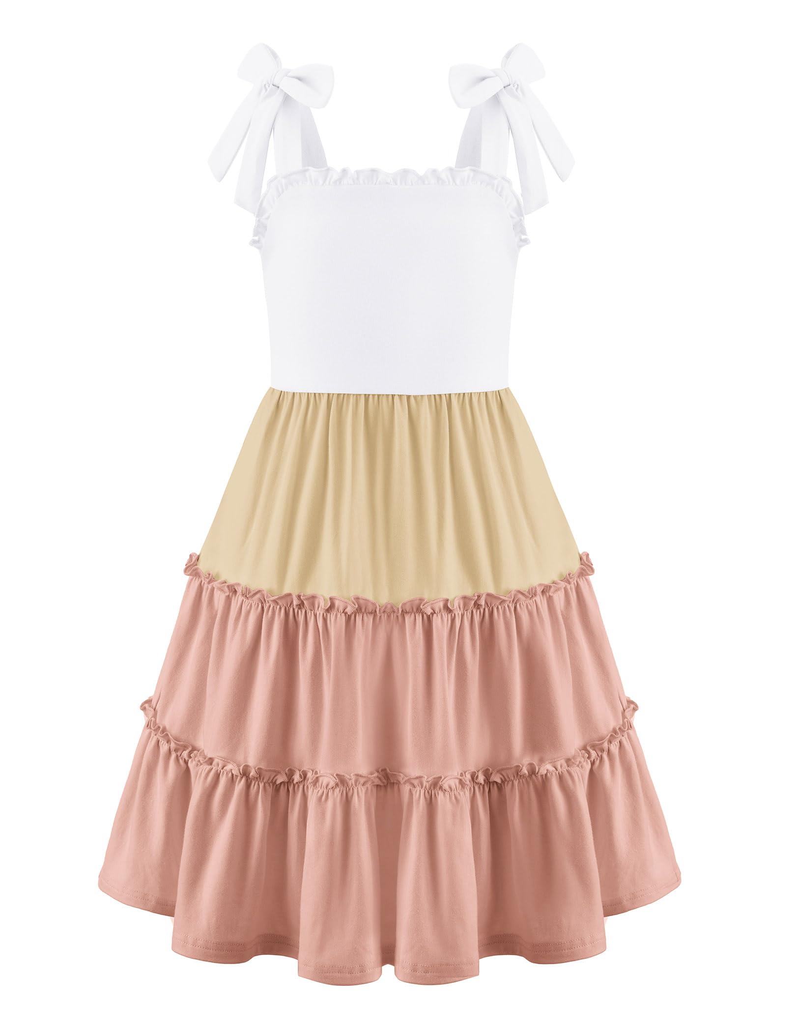 Girls Summer Dress Tween Boho Casual Bowknot Strap Sleeveless Swing Flowy Ruffle Tiered Sundresses with Pockets