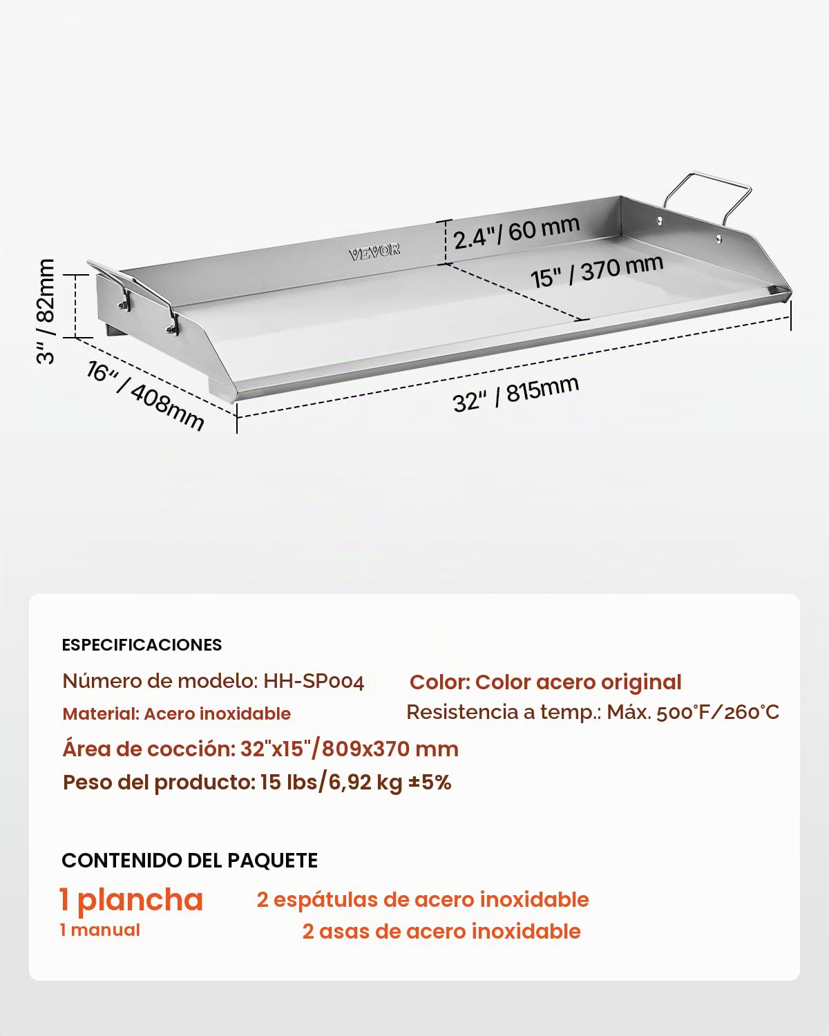 VEVOR Parrilla de Acero Inoxidable Universal Rectangular 809 x 370 mm con Superficie Plana, Plancha de Gas para Barbacoa, Utensilios de Cocina Familiares Portátiles con Asa, Alta Compatibilidad