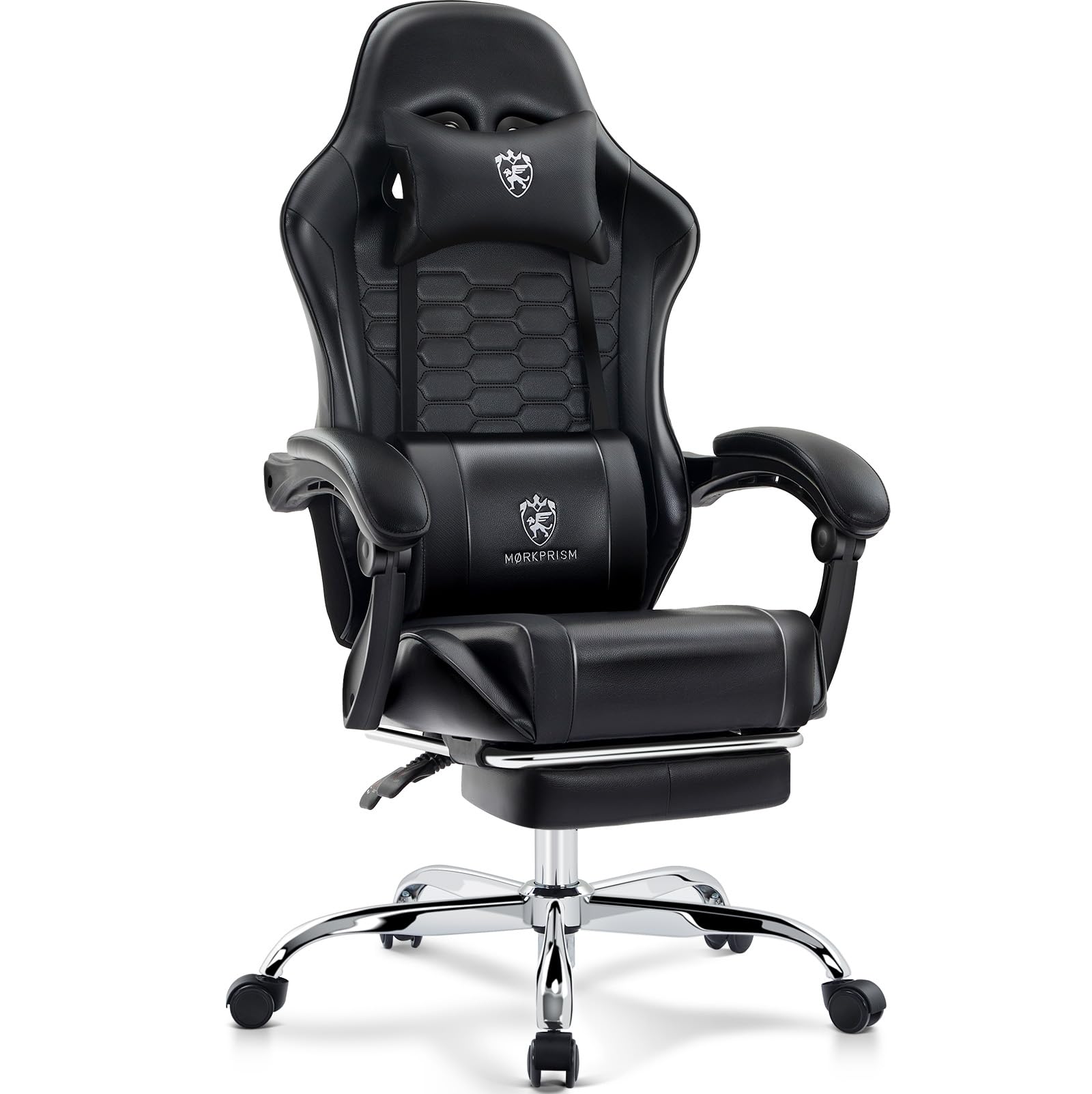 gaming chair,computer office chair with footrest,massage lumbar support and gel pad,ergonomic reclining adjustable leather gamer chair with headrest and spring cushion black