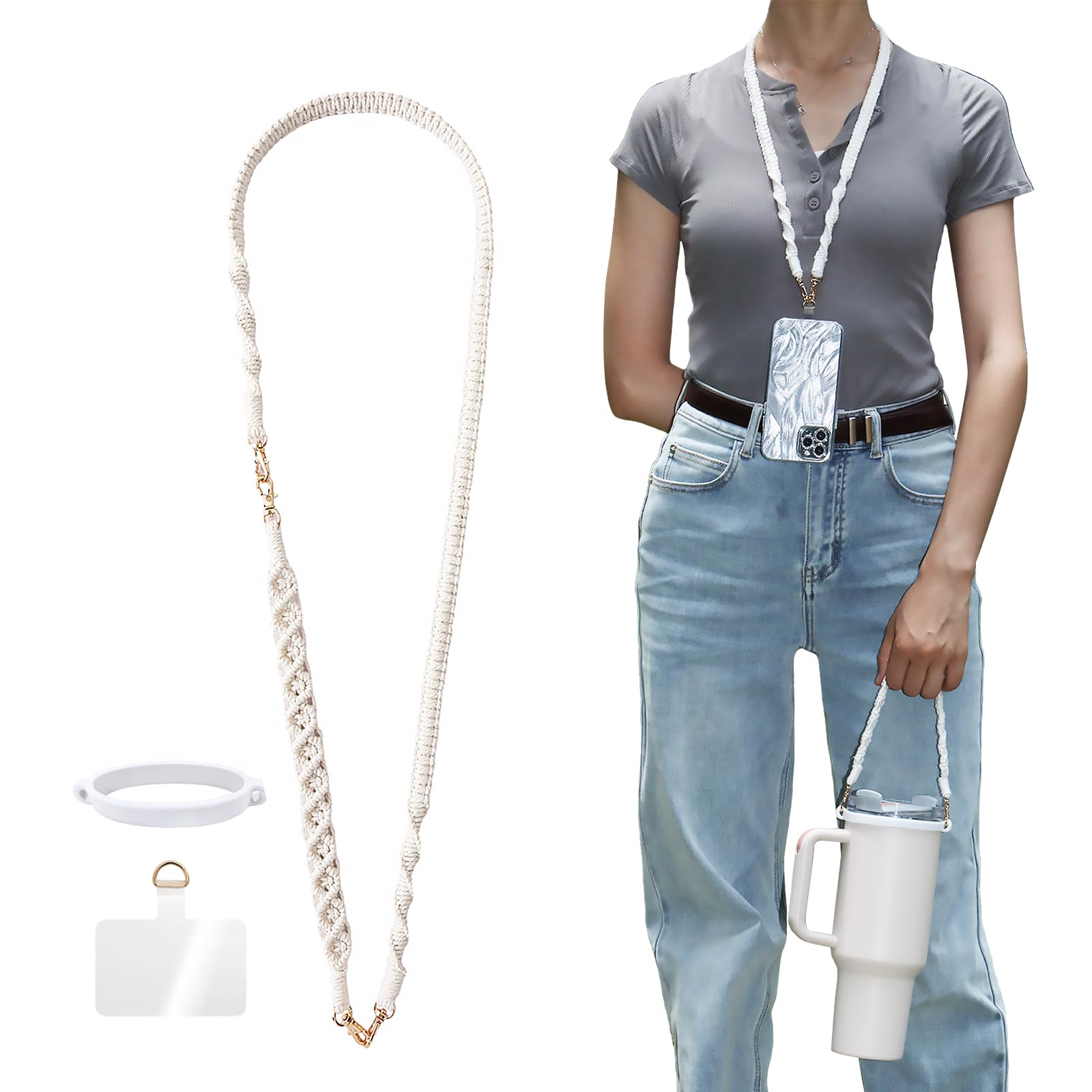 CH.yishi 2-in-1 White Totem Handmade Stanley Cup Accessories Set Water Bottle Handle Strap, Phone Lanyard, Camera Wrist Strap (White)