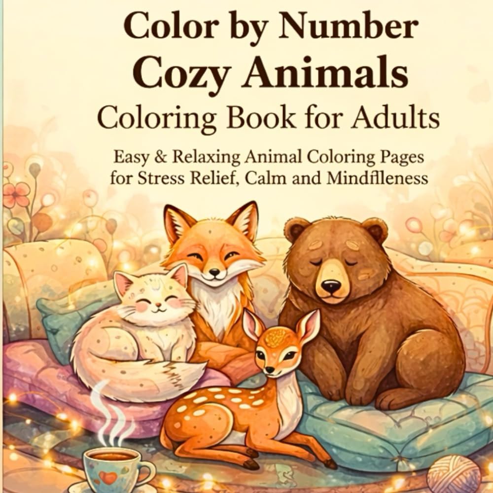 Color by Number Cozy Animals Coloring Book for Adults: Easy & Relaxing Animal Coloring Pages for Stress Relief, Calm and Mindfulness