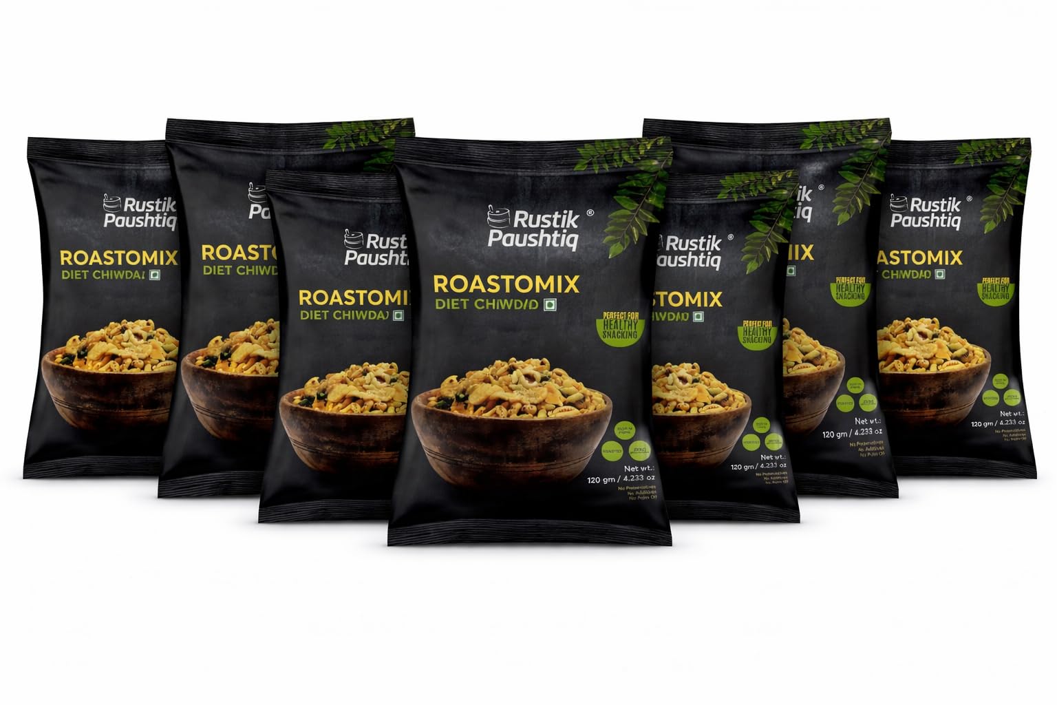 RUSTIK PAUSHTIQ Roasted Diet Chiwda - 120g Each | Poha Namkeen Snack Mix | Flattened Rice, Wheat Puff & Lentils | No Fry, Light & Crispy | Ready to Eat | No Added Colours or Preservatives (Pack of 7)-image-13