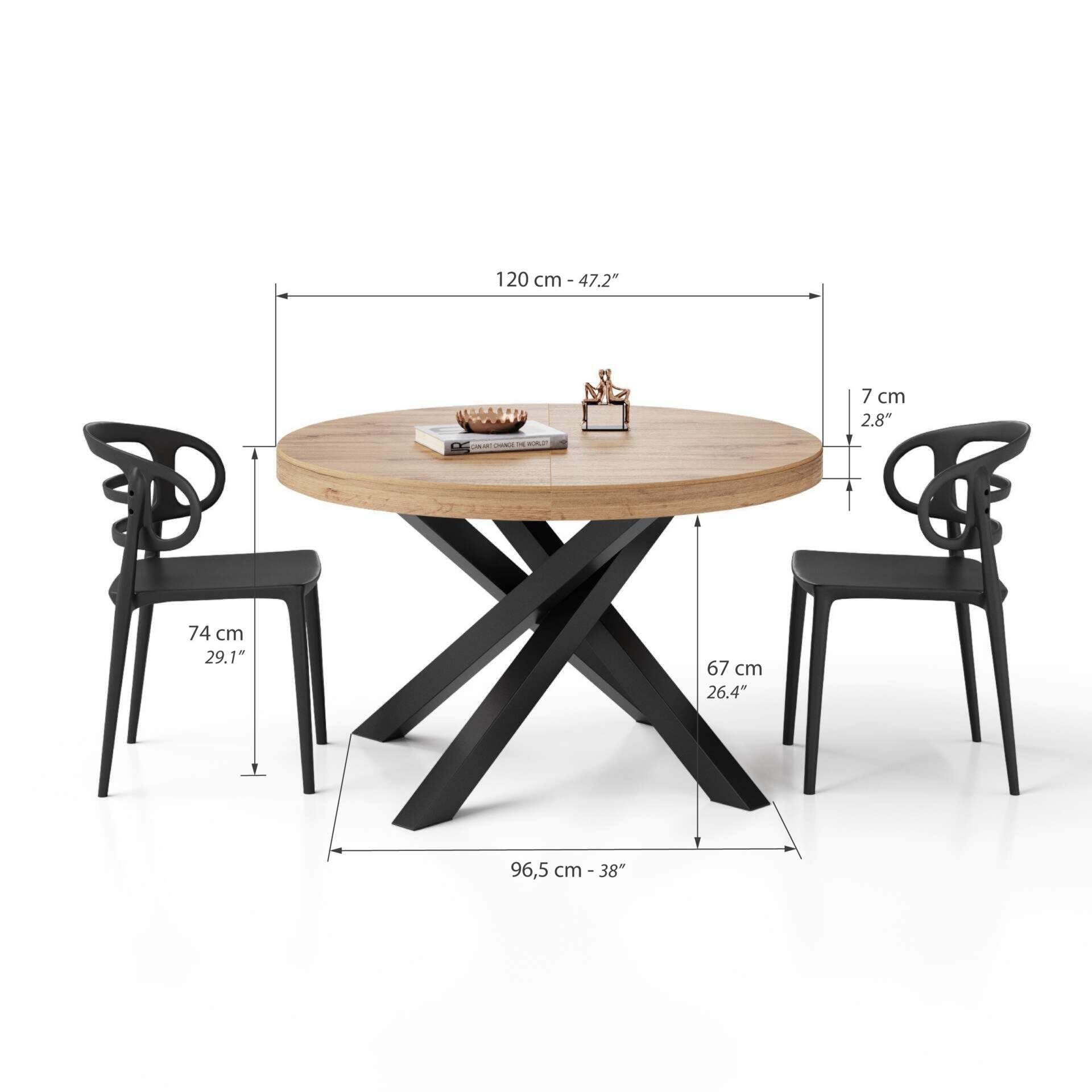 MOBILI FIVER, Table Ronde Extensible Emma, 120-160 cm, Bois Rustique, avec Pieds Noirs croisés, pour 4-6 Personnes, Table Extensible pour Cuisine, Salon, Made in Italy