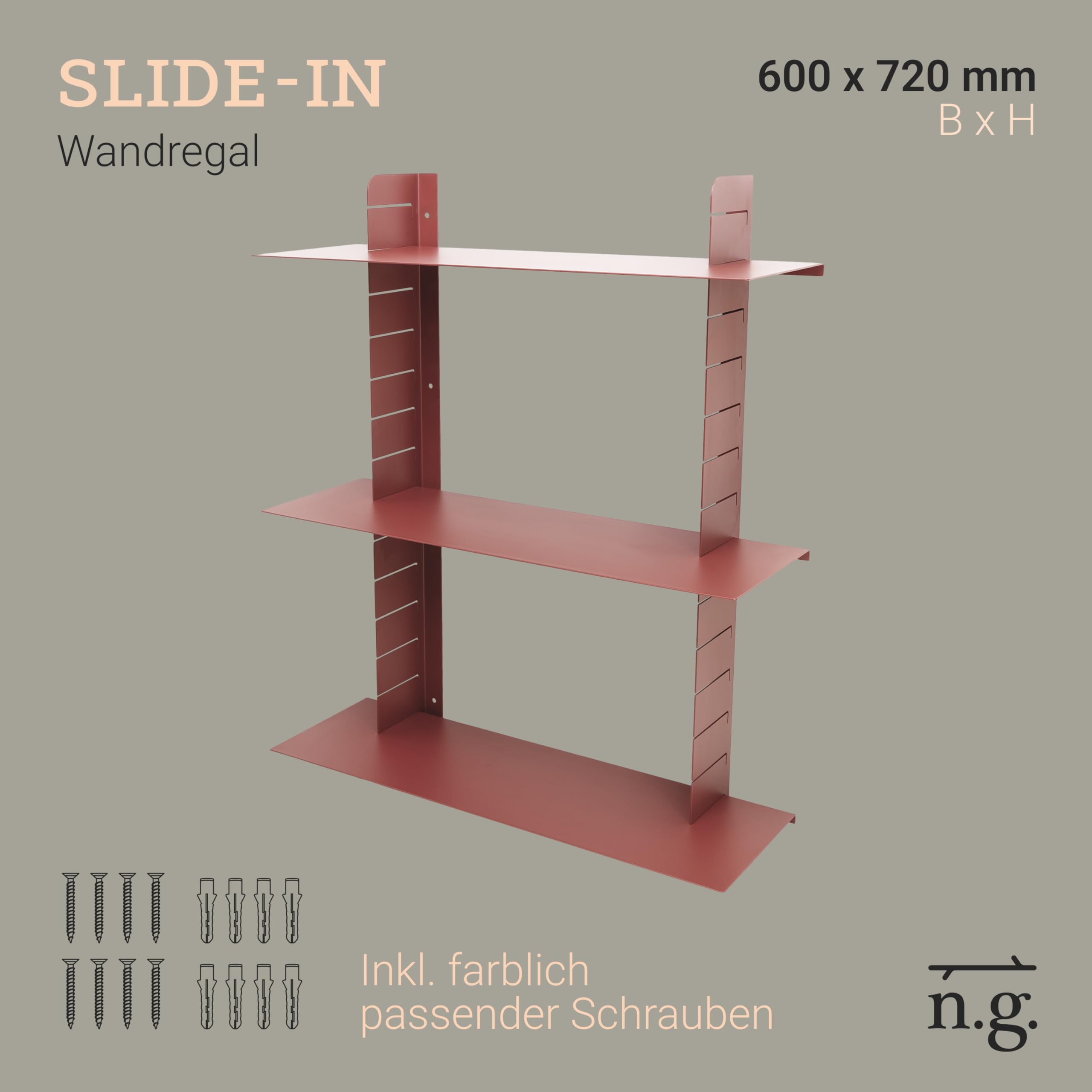 Natural Goods Berlin 1x Wandregal Slide IN - Wandregal Metall Rot 720 x 600 x 210 mm - Metallregal Wand Rostfrei Pulverbeschichtet - Gewürzregal, Regal Hängend, Badregal Wand Regale - Regalsystem