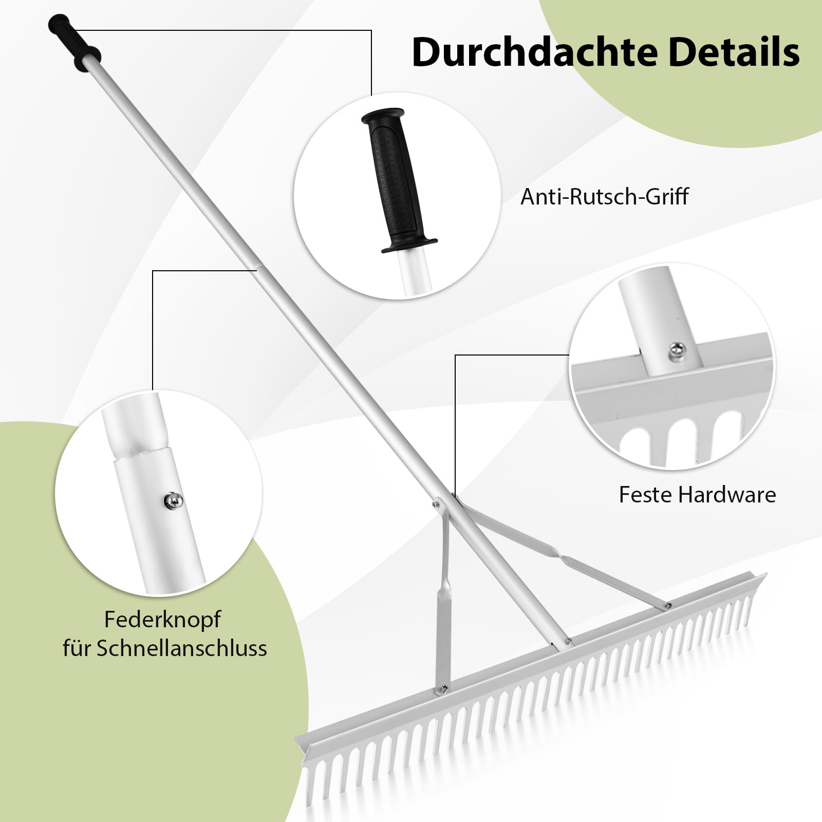 SOARS Rechen Aluminium, Gartenrechen mit 36 Zinken, 91 cm Breite & 174 cm Stiel, Gartenharke Laubrechen Rasenrechen Gartenwerkzeug für Rasenpflege, Landschaftspflege