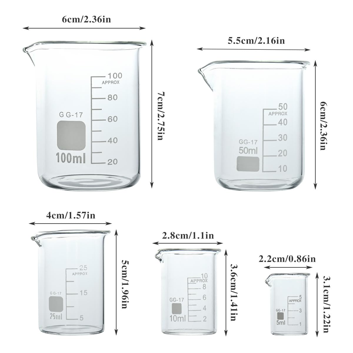 BUYGOO 5PZ Bicchiere Graduato 5ml 10ml 25ml 50ml 100ml Bicchieri con Beccuccio Set di Misurini in Vetro Bicchieri da Laboratorio Vetro da Laboratorio Bicchieri da Laboratorio per Esperimenti, Cottura