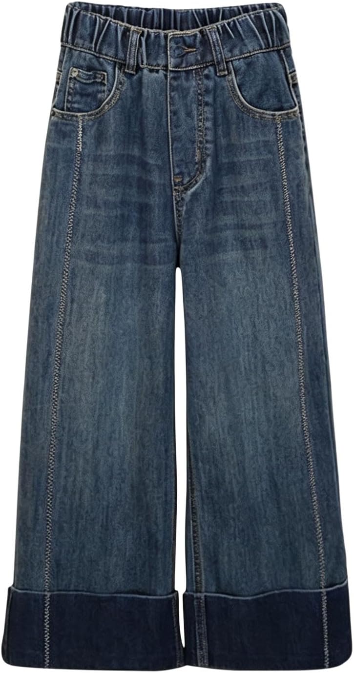 Girls Baggy Jeans Elastic High Waist Wide Leg Rolled Hem Y2k Denim Pants