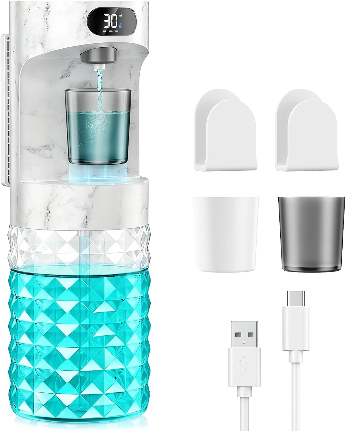 Automatic Mouthwash Dispenser for Bathroom,20.29 oz Mouth Wash Dispensers Bathroom Accessories Set with Magnetic Cups,4 Modes Wall Mounted Touchless Electric Mouthwash Dispensers for Home Kids Family