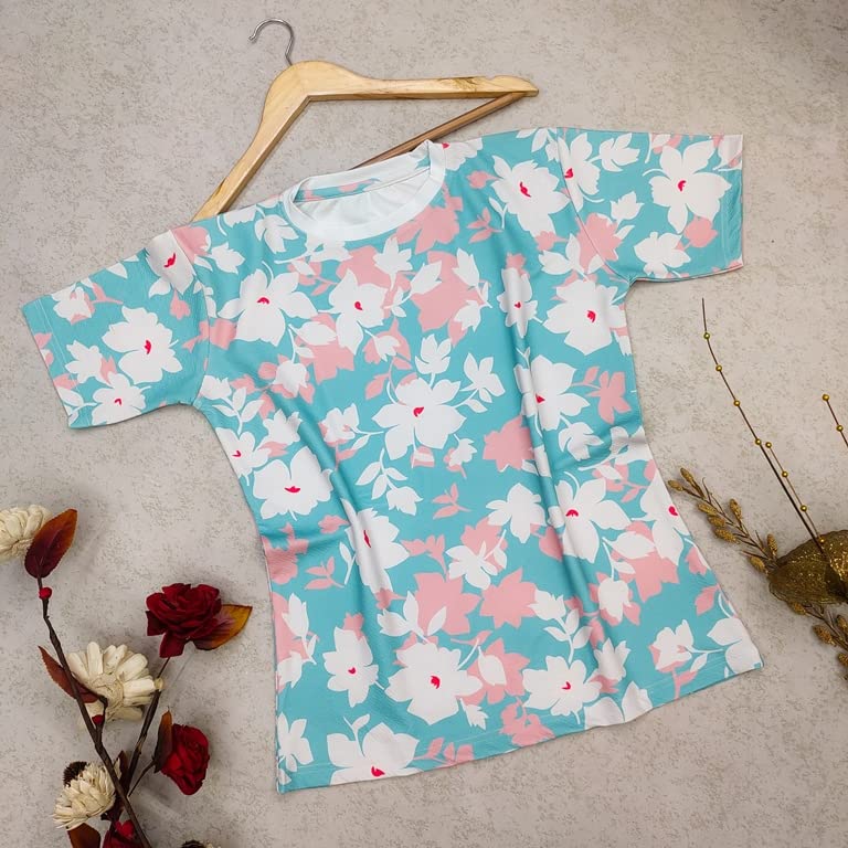 Image of OM SAI LATEST CREATION Women's Lycra Casual Flower Printed Half Sleeve Western Top for Women /Girls Night wear Top