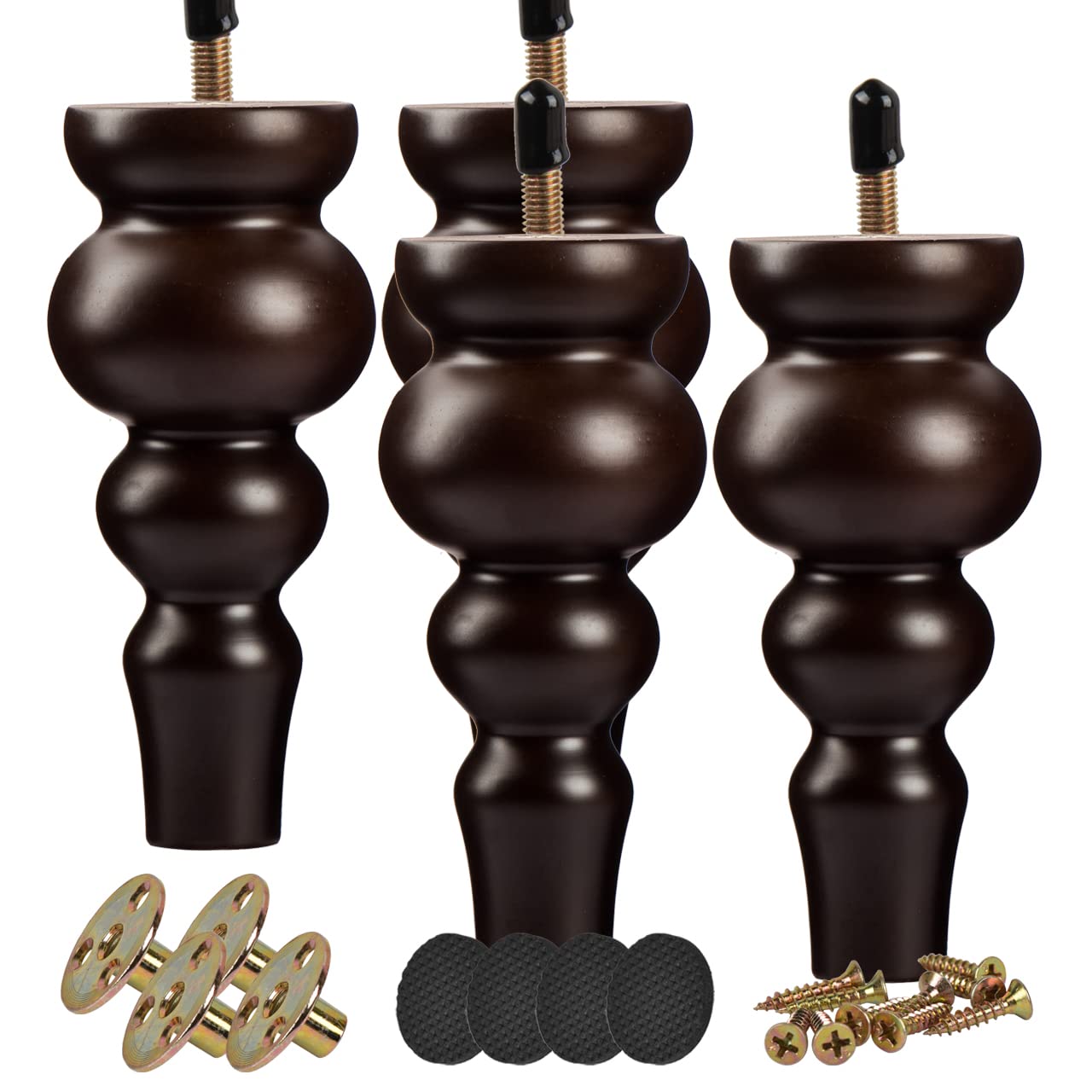 9 inch Solid Wood Furniture Legs, 4Pcs Large Turned Walnut Wooden Bun Feet with Threaded M8 Hanger Bolts & Mounting Plate & Screws for Sofa Couch Ottoman TV Stand Bed