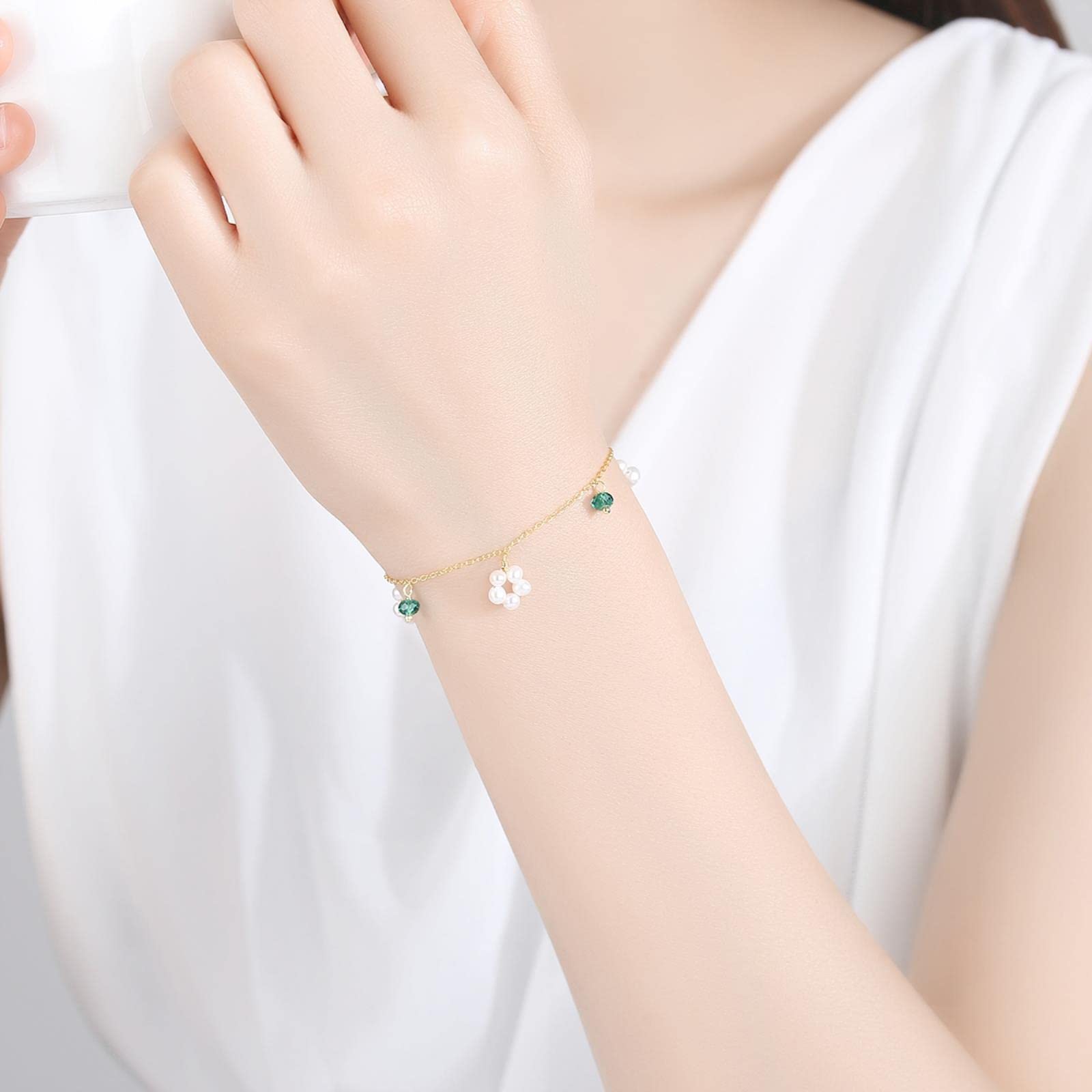 Braccialetti con catena a maglia in argento sterling 925 Bracciale con ciondoli in perle naturali con topazio verde per gioielli da donna Bracciali regalo