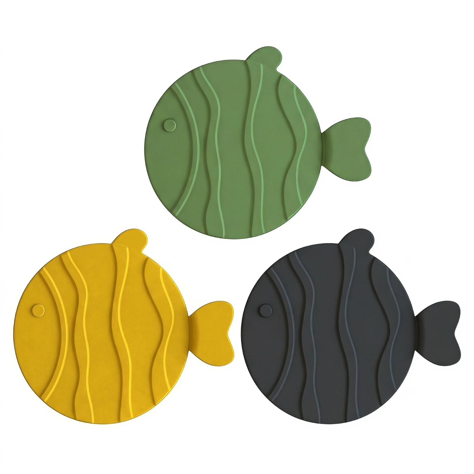 Silicone Bathtub Drain Stopper, 3 Pack Cute Fish Shaped Sink Plug with Suction Cup, Universal Flat Drain Cover for Bath, Kitchen Sink, Shower – Blocks Odours & Keeps Bugs Out – Yellow Green Grey