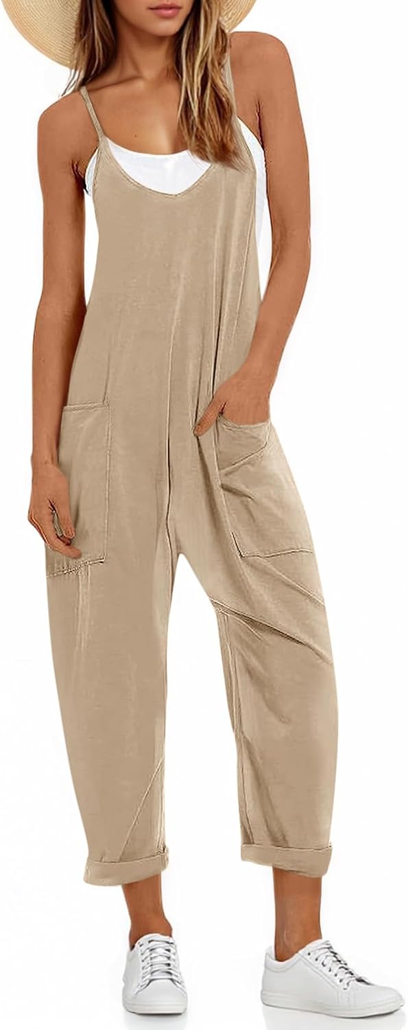 Fisoew Women's Summer Sleeveless Loose Casual V Neck Jumpsuits Spaghetti Strap Long Pants Baggy Overalls with Pockets