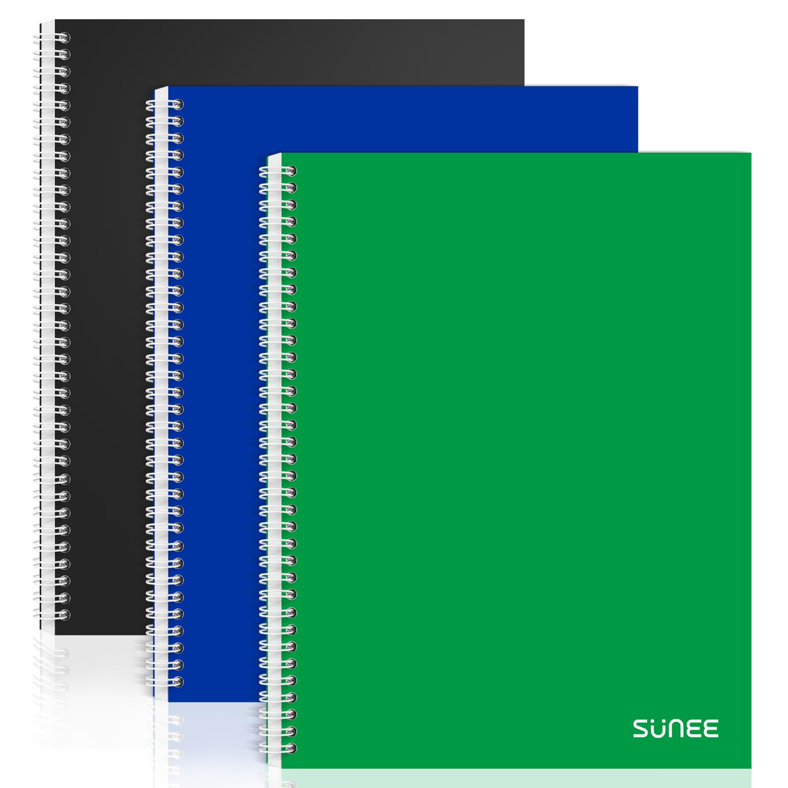 SUNEE A4 Notebook, Pack of 3 Notepads, Wirebound Notebooks, 80gsm Premium Paper, 100 Sheets / 200 Pages, 8mm Lined with Margin, 4-Hole Punched and Perforated Edge, Black/Blue/Green