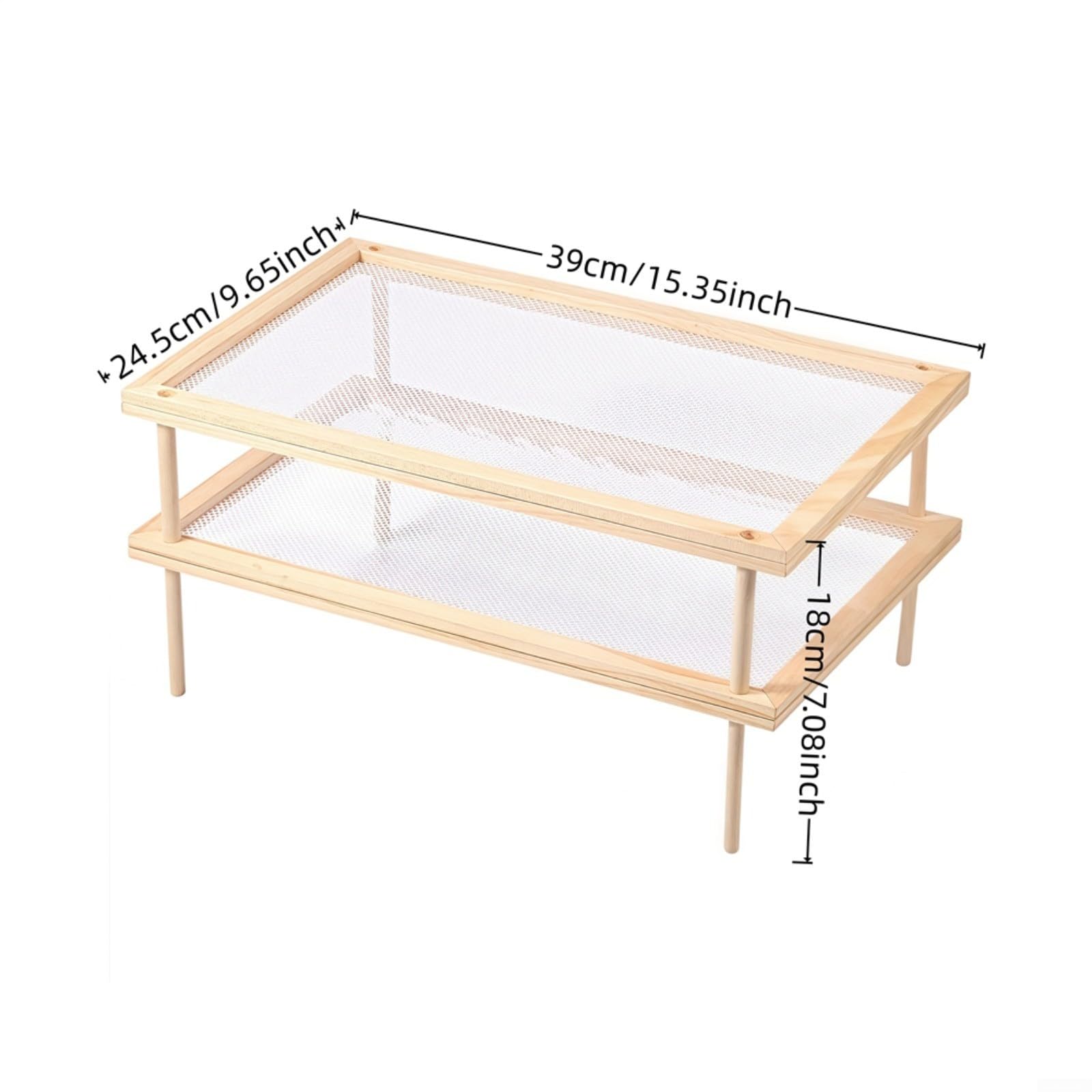 Stapelbares zweilagiges Abtropfgestell aus Holz für Kräuter, Nudeln und Blumen, vielseitige Aufbewahrungslösung für die Küche, mit Netznetz, 39 x 24,5 x 8,5 cm, ideal zum Trocknen von Lebensmitteln