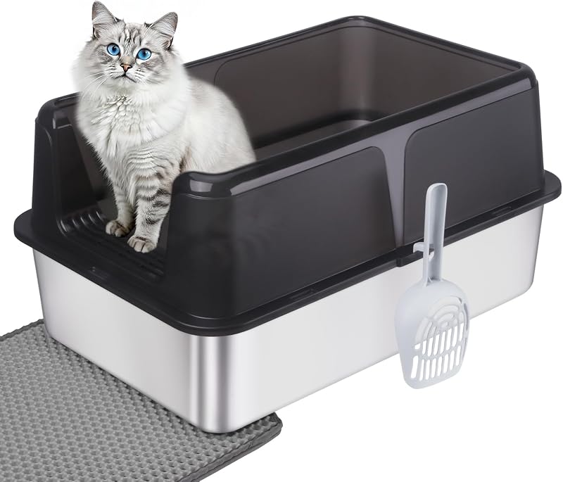 Caixa de Areia para Gatos em Aço Inoxidável com Tampa, Laterais Altas e Kit de Acessórios Generic X-Large, Preto