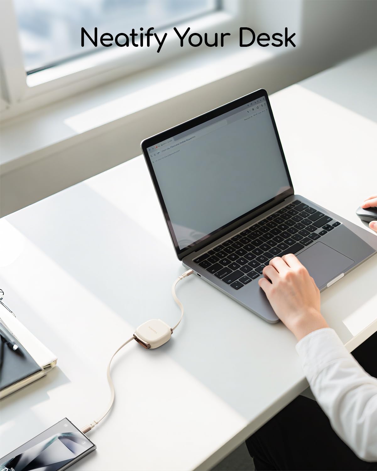 240W USB C to USB C Cable,PD3.2 Retractable USB C Cable with Magnetic Slot for Travel,Car,5 Preset Length,Fast Charging for iPhone 17/16/15,iPad,MacBook,Galaxy S25/24,Beige,3.3ft,2pack