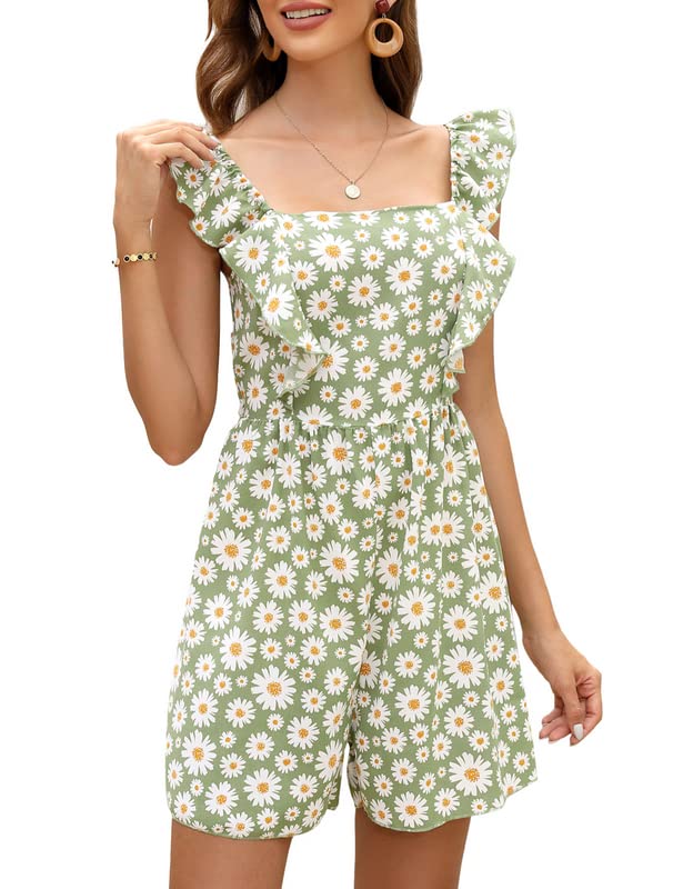 Clearlove Mono corto de verano para mujer, sexy, sin mangas, mono de una pieza con flores, elegante, espalda descubierta, mameluco