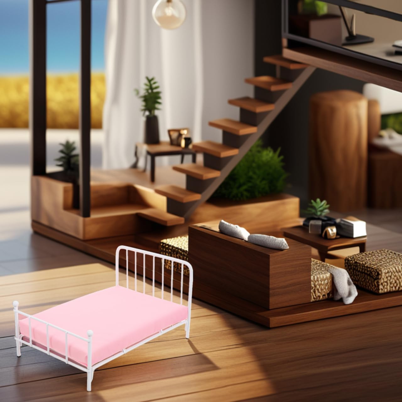 Totority 1/12 Scale Dollhouse Bed with Mattress Miniature Vintage Frame Small Doll Bed Furniture for Dollhouse Bedroom Decor and Creative Play Accessories - Image 7