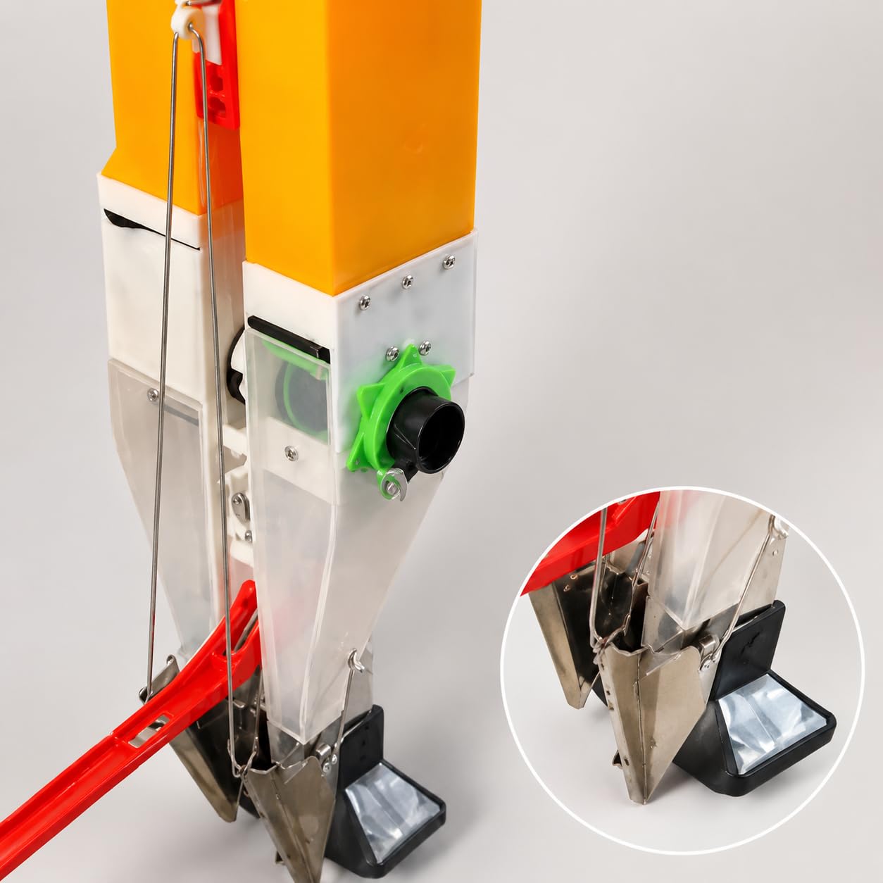 Manuelle Sämaschine, Einstellbarer, Lineal enthalten, Manuelles Düngergerät, Vorbereitung der Beete, Für Selbstversorger, Orange, Doppelmund-Sämaschine mit 6 Saaträdern, kann säen und düngen