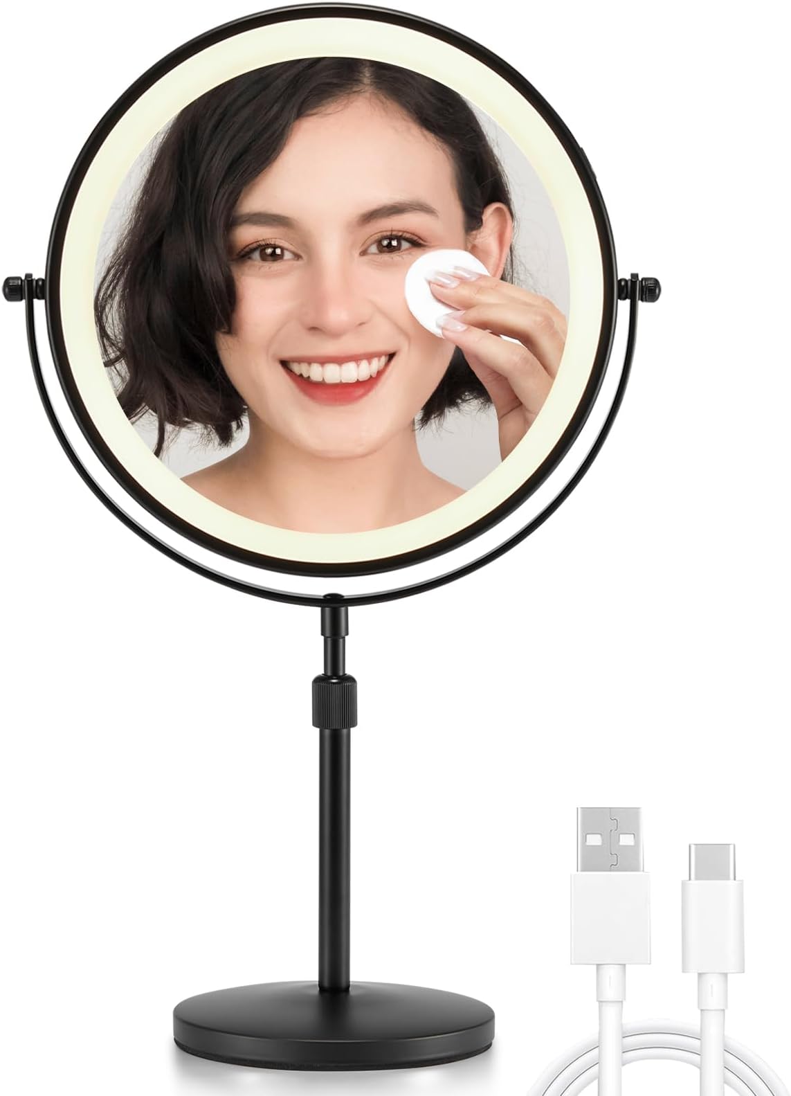 3X/10X Magnifying Makeup Mirror with Lights, 8.5 Inches Double Sided Swivel-Free Vanity Mirror with Height-Adjustable Stand. (Black)