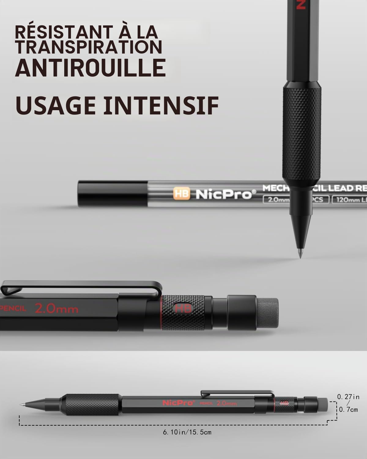 Nicpro 3 porte mine 2 mm avec étui, 33 mines graphite (4B 2B HB 2H 4H), 36 mines de couleur, gommes- corps en métal résistant aux intempéries, crayon chantier robuste pour le dessin et les croquis.