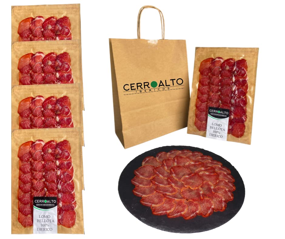 CERROALTO | 5 Sobres loncheados de Caña de Lomo de Bellota 100% Ibérica | NATURAL - SIN conservantes - SIN aditivos - SIN azucares