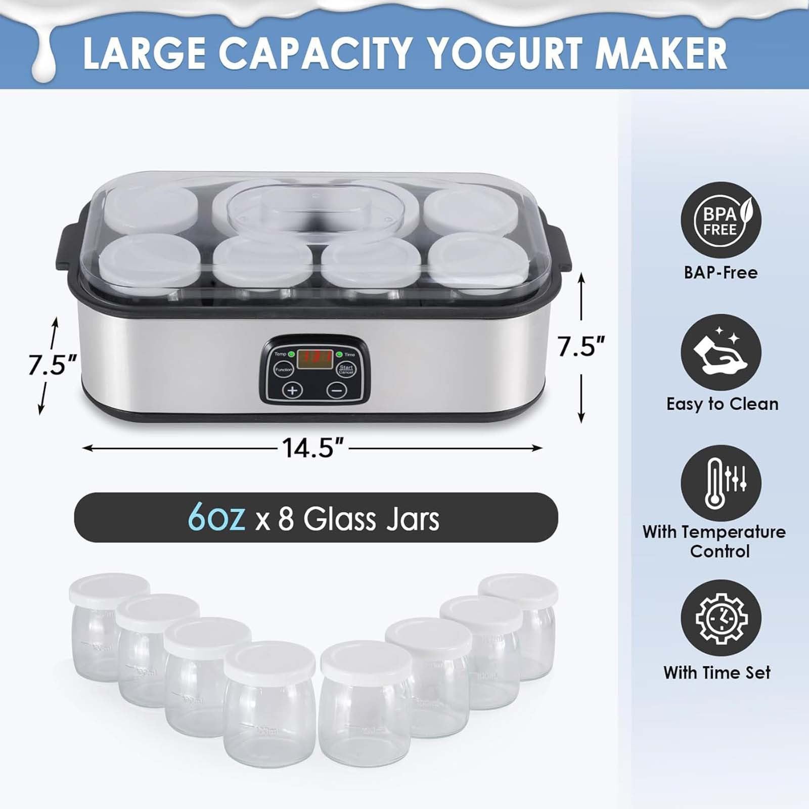 Yaourtières Ultimate, Yaourtière 1400 ml avec 8 pots en verre, Machine à yaourt avec écran LCD et minuterie, Température réglable, pour yaourt probiotique bio, Cadeau d'anniversaire Silver,1400ML