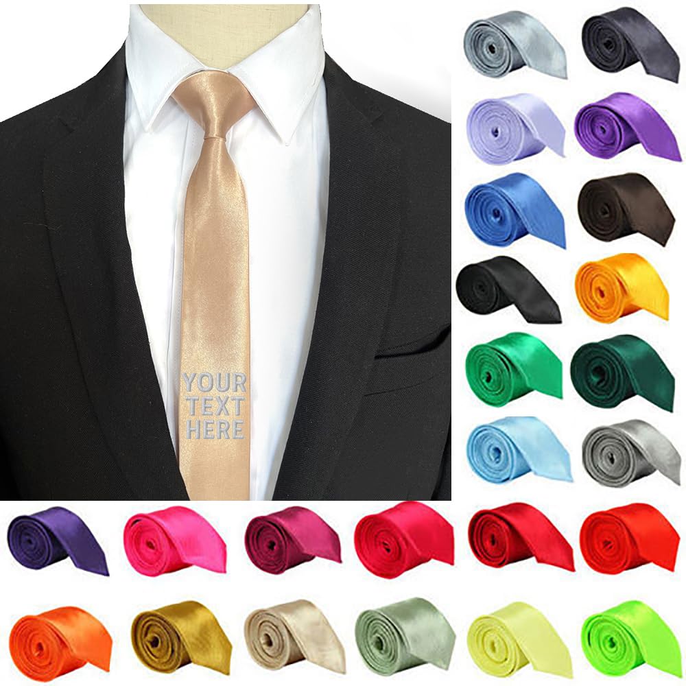 Van Der Linn Personalised Embroidered Satin Tie Premium Elegant Neckwear (Champagne Gold)