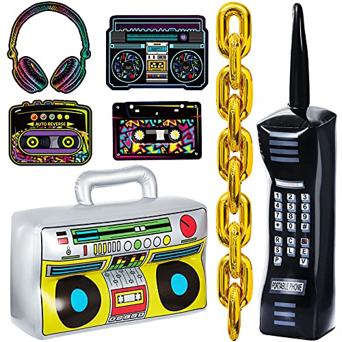 Zhanmai 26 Pieces 80S 90S Party Decorations Inflatable Boombox Radio Mobile Phone Gold Foil Chain Balloons 80S 90S Props Retro Cassette Headphones Player Cutouts For Hip Hop Party Supplies