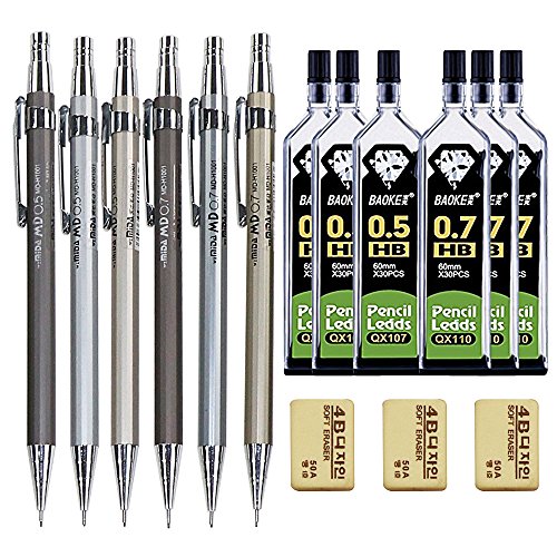 Professional Drafting Pencil,15 Pieces Metal Pencil Set, Mechanical Pencil with Pencil Lead and Three Erasers for Writing, Drawing, Signature,(0.5mm and 0.7mm). (0.5mm and 0.7mm) (0.5mm and 0.7mm)