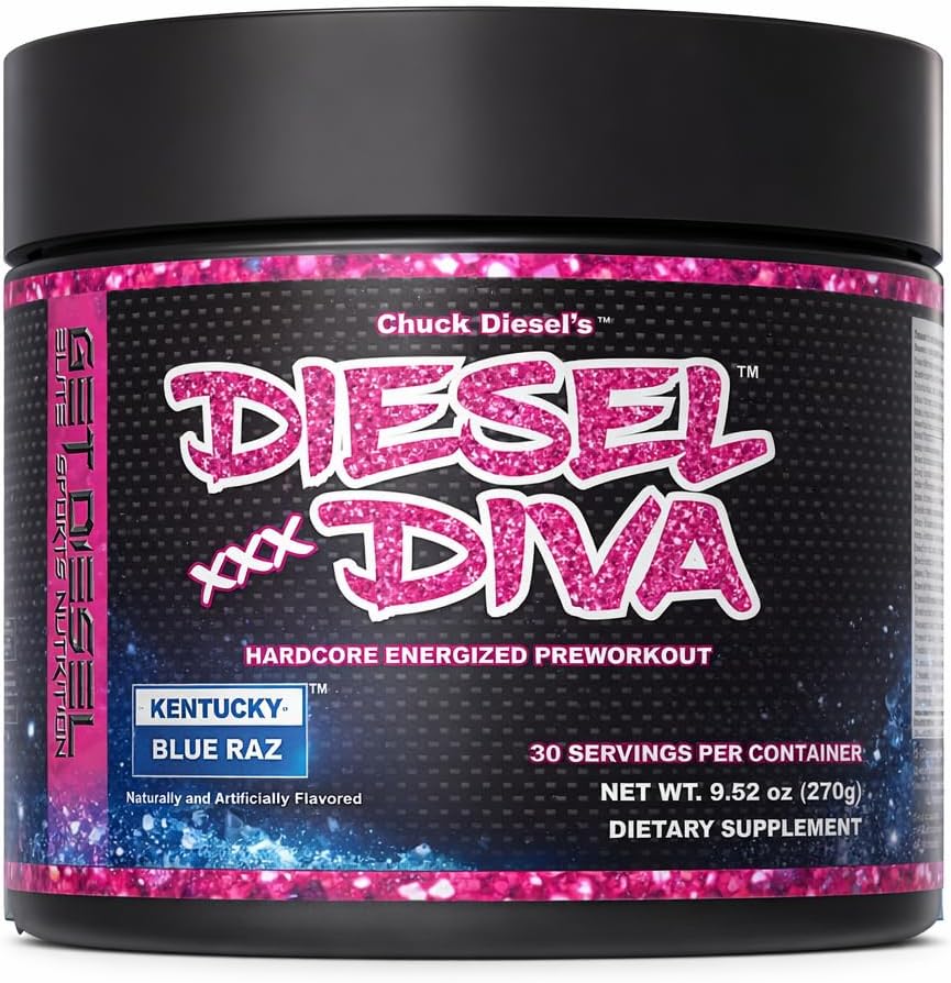 DIESEL DIVA Pre Workout Powder Energizer, Potent Mental Focus, Endurance with Caffeine, Green Tea, Beta Alanine, B-Vitamins, BCAAs (Blue Raspberry)