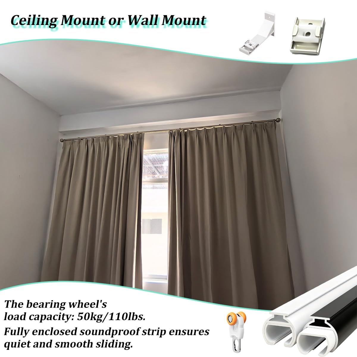 Tringles Rideaux Aluminium Roulement Roulette, Montage Plafond et mur Rail