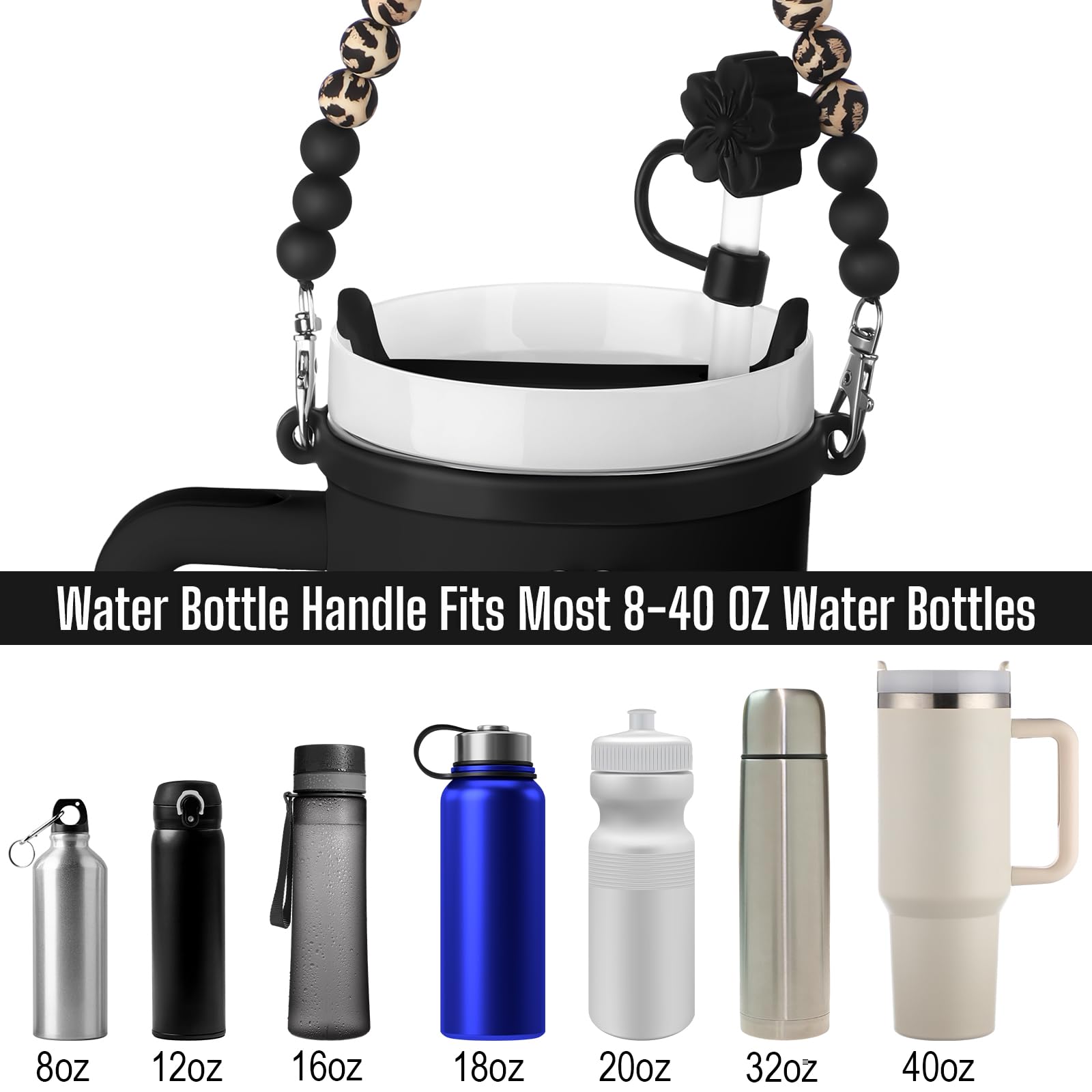 Vercraft 5 Pcs Silicone Cup Accessories Set Compatible with Stanley Cup Including Silicone Beaded Bottle Strap Leather Tassel Charm Straw Cover Rubber Ring for 8 to 40 oz Tumbler(Black,Leopard)