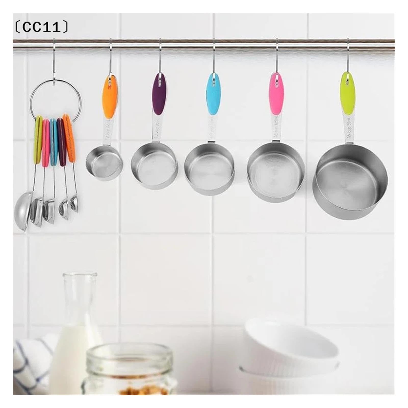 Juego de 5 tazas medidoras de acero inoxidable, cocina y repostería | Apto para lavavajillas, forma redonda para frascos de especias, mangos grabados, se cuelga con aro(Grey)