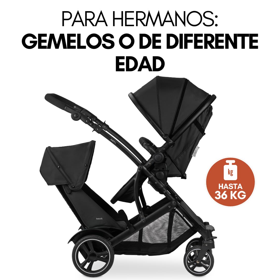 hauck Duett 4 Carrito Bebe Gemelos Reclinable - Carro Doble para 2 Niños - Silla de Paseo Gemelar incl. Cubrepiés y Burbuja de Lluvia - Negro